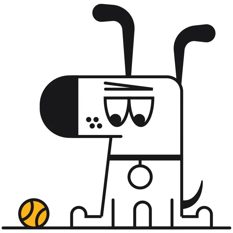 Doggo, Kagi’s dog mascot, sitting beside a yellow ball