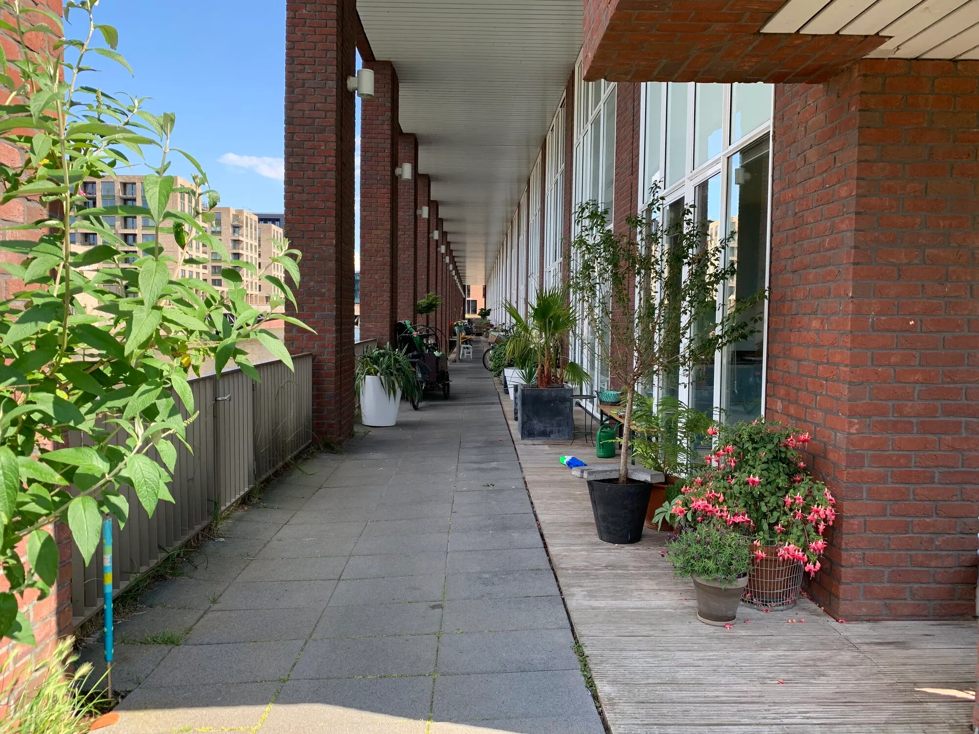 A gallery on the back of a building where people have their terraces and plant different plants