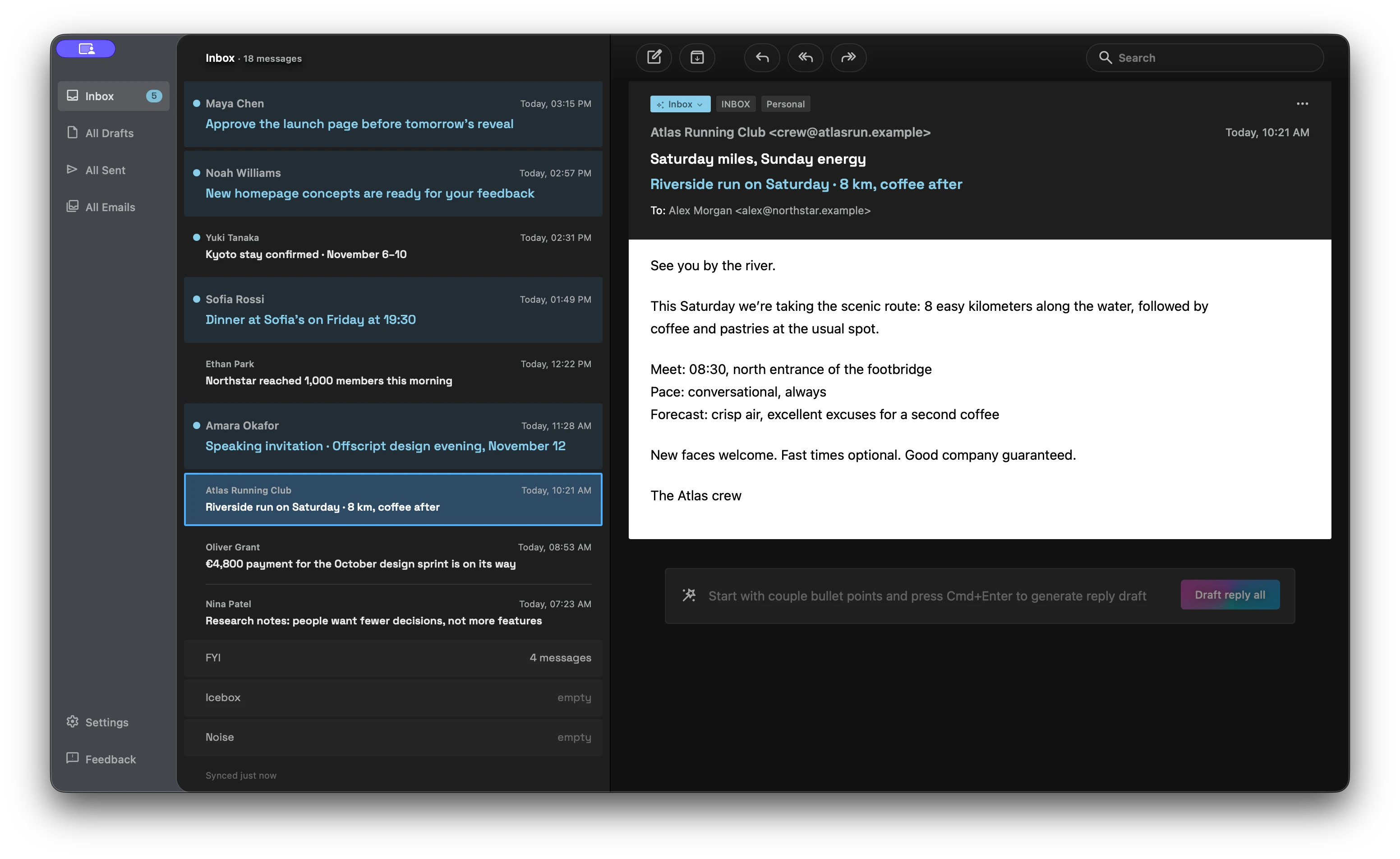 An email open in Quartz, with an AI summary and a reply drafting field